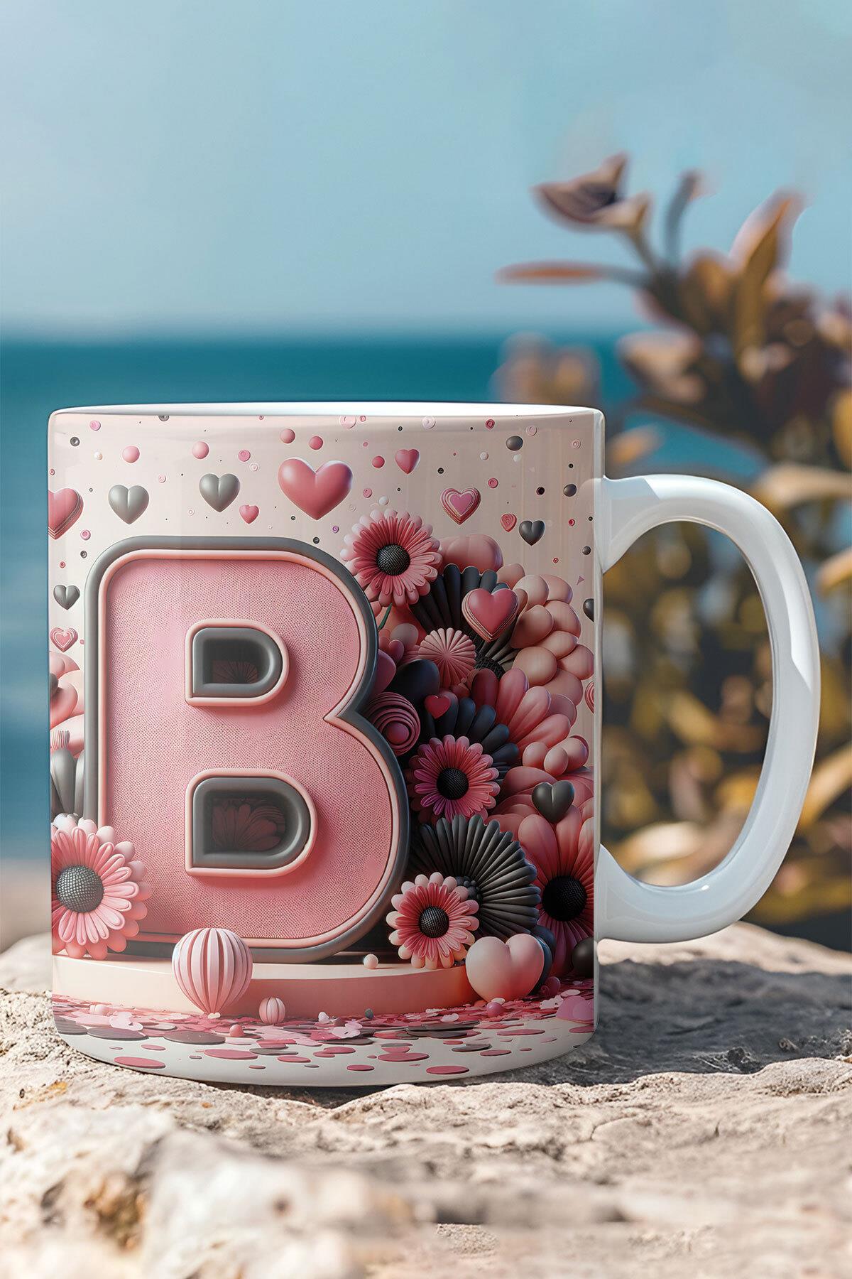 Renkli Çiçekli A Harfi Baskılı 3D Görünümlü Tasarım Mug Kupa Bardak