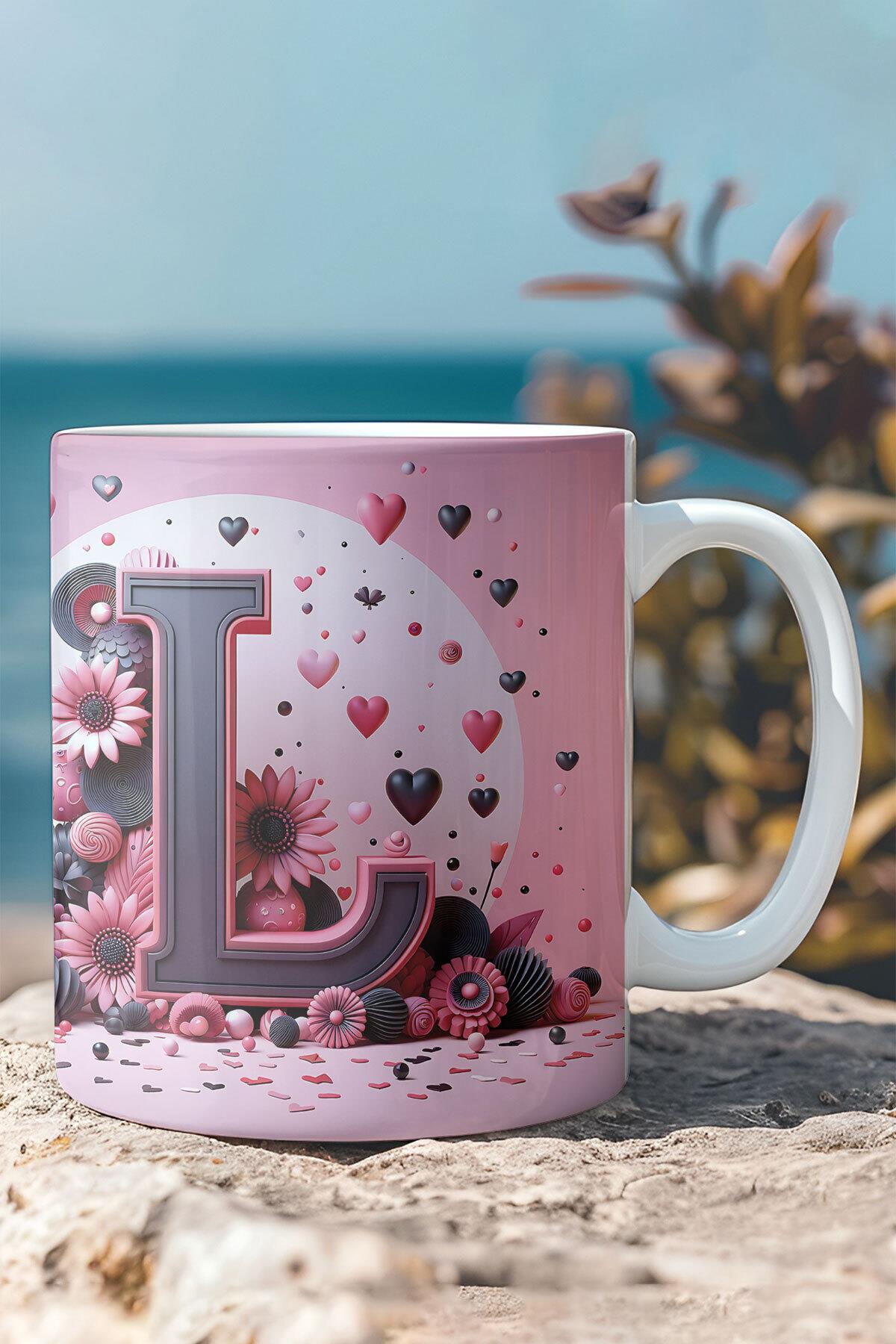 Renkli Çiçekli A Harfi Baskılı 3D Görünümlü Tasarım Mug Kupa Bardak