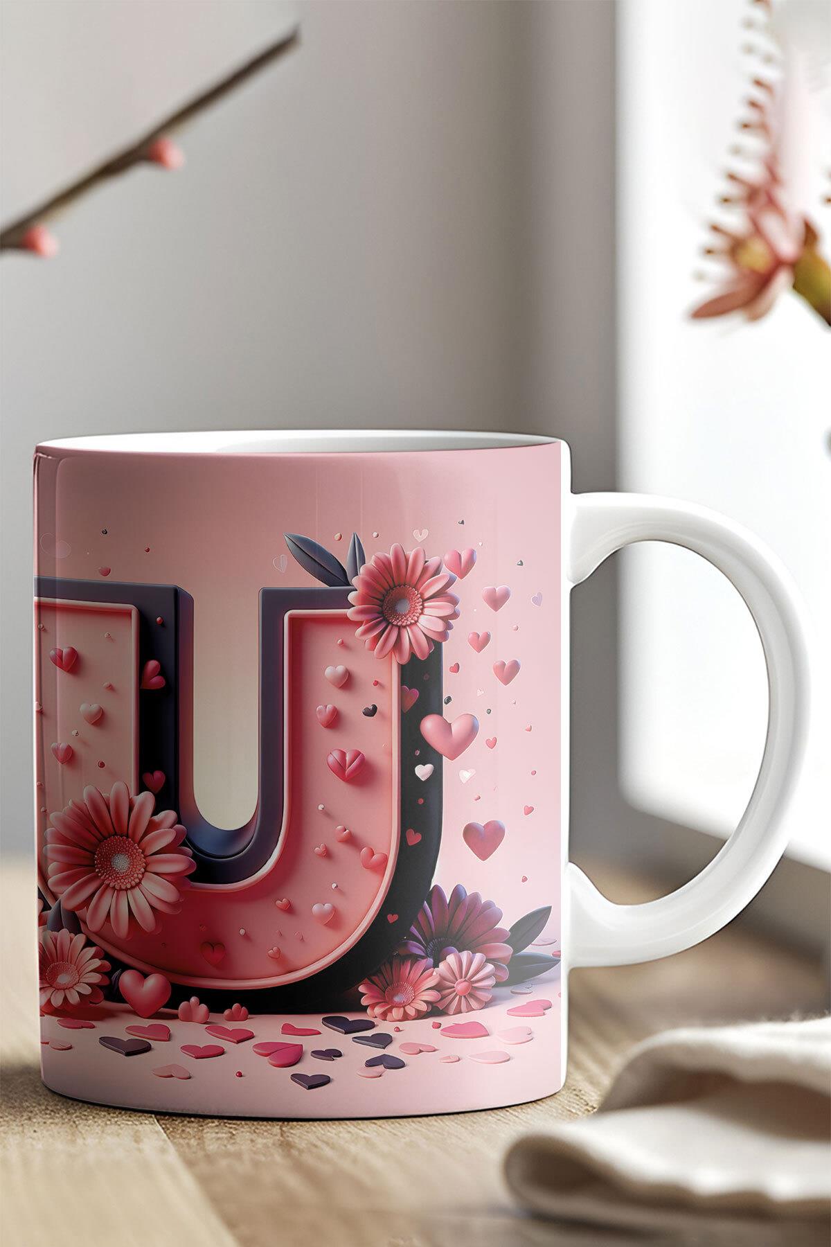 Renkli Çiçekli A Harfi Baskılı 3D Görünümlü Tasarım Mug Kupa Bardak