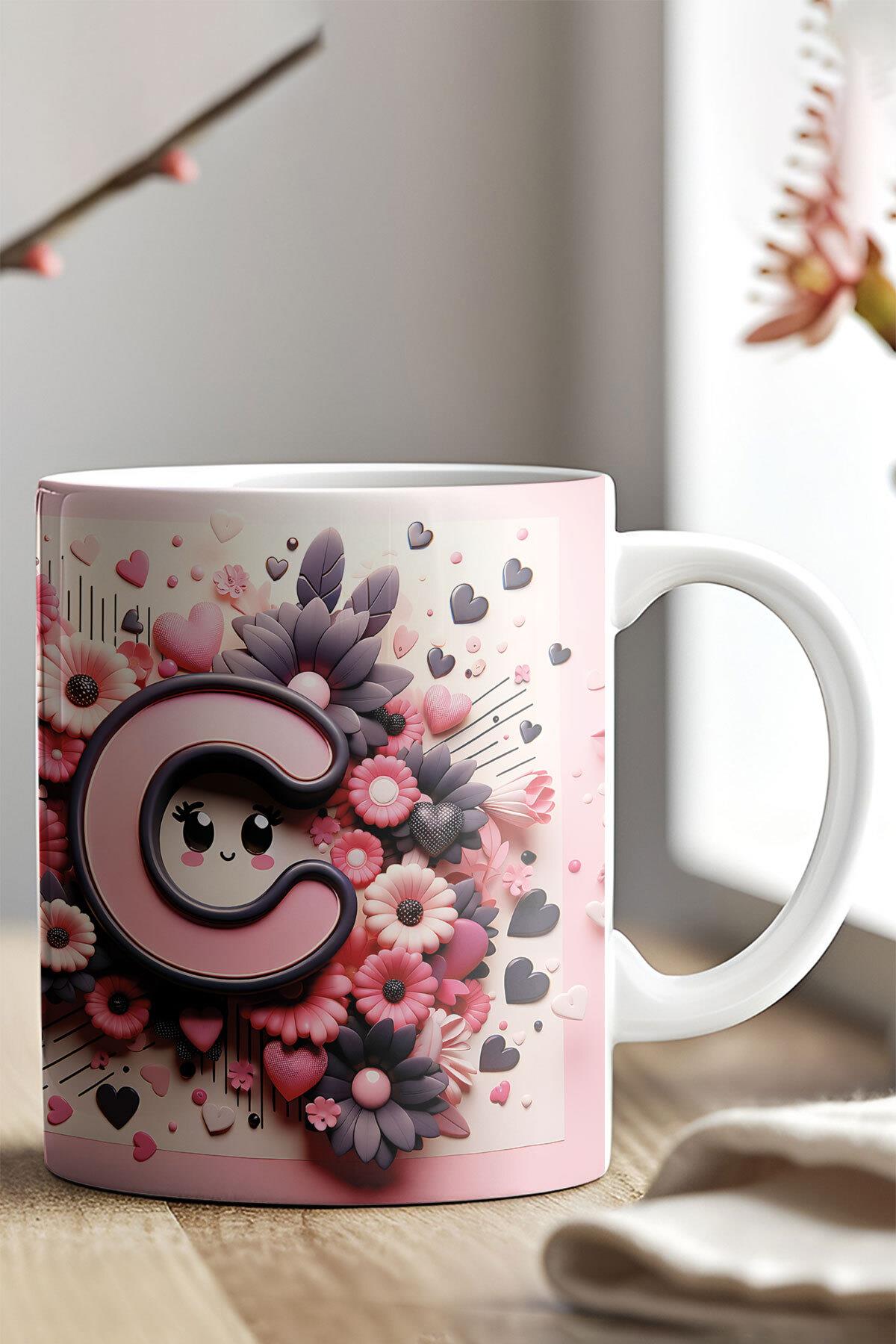 Renkli Çiçekli A Harfi Baskılı 3D Görünümlü Tasarım Mug Kupa Bardak