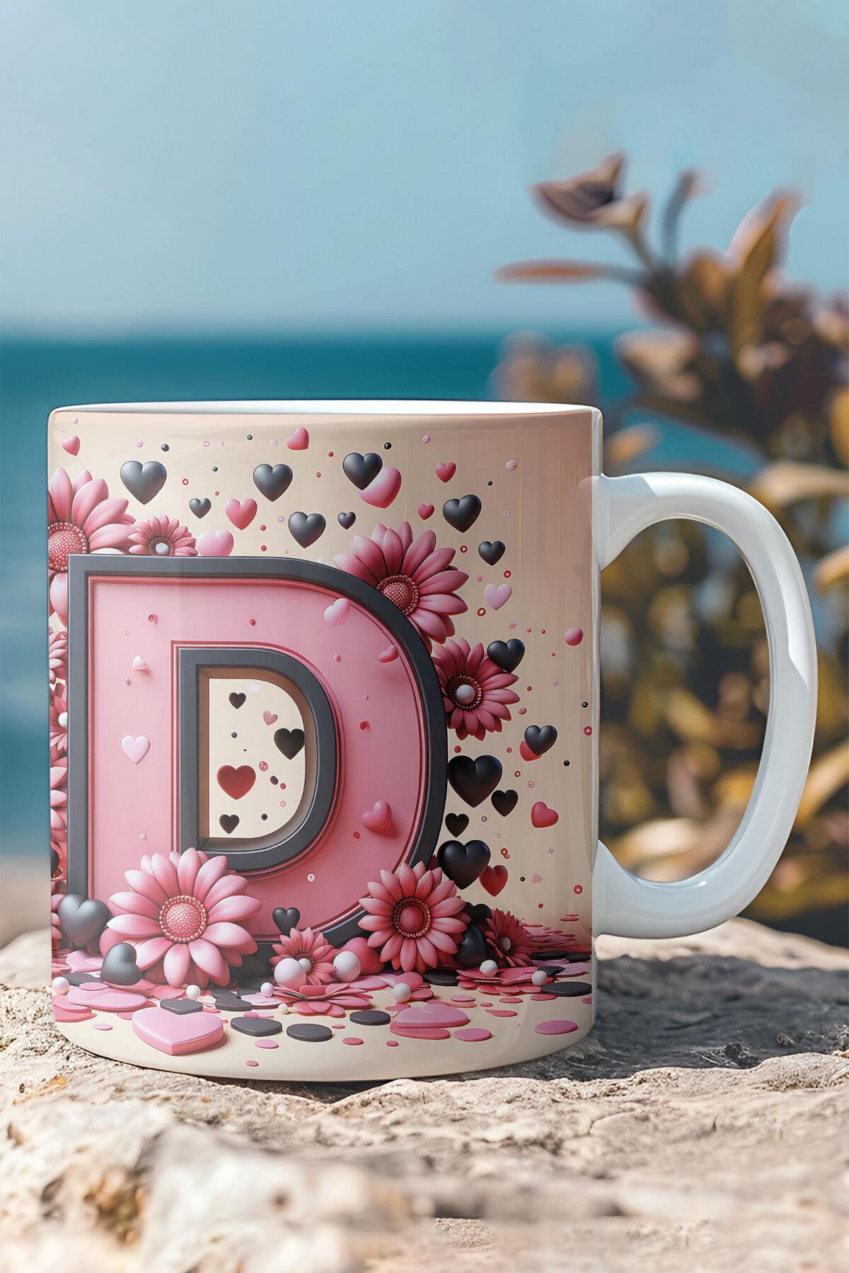 Renkli Çiçekli A Harfi Baskılı 3D Görünümlü Tasarım Mug Kupa Bardak