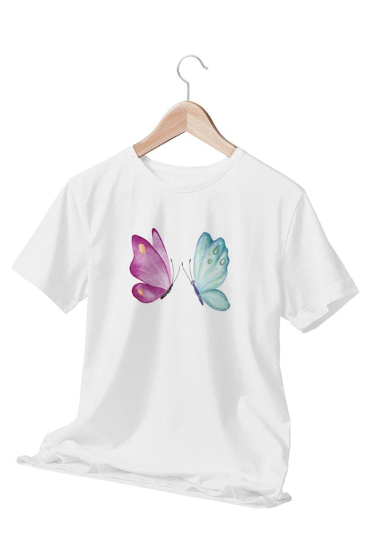 Renkli Kelebek Baskılı Beyaz Kadın T-shirt