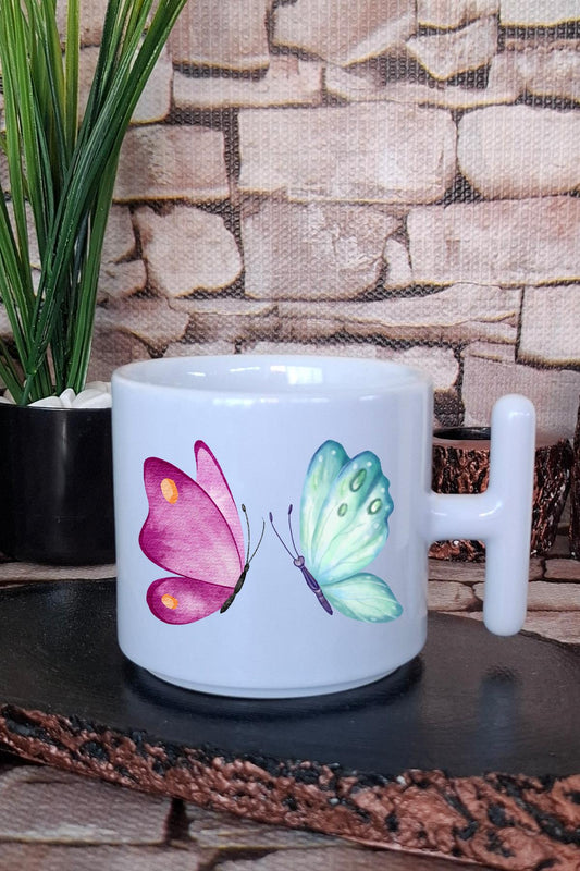 Renkli Kelebek Baskılı Eğlenceli T Kulplu Latte Fincanı Kupa Bardak