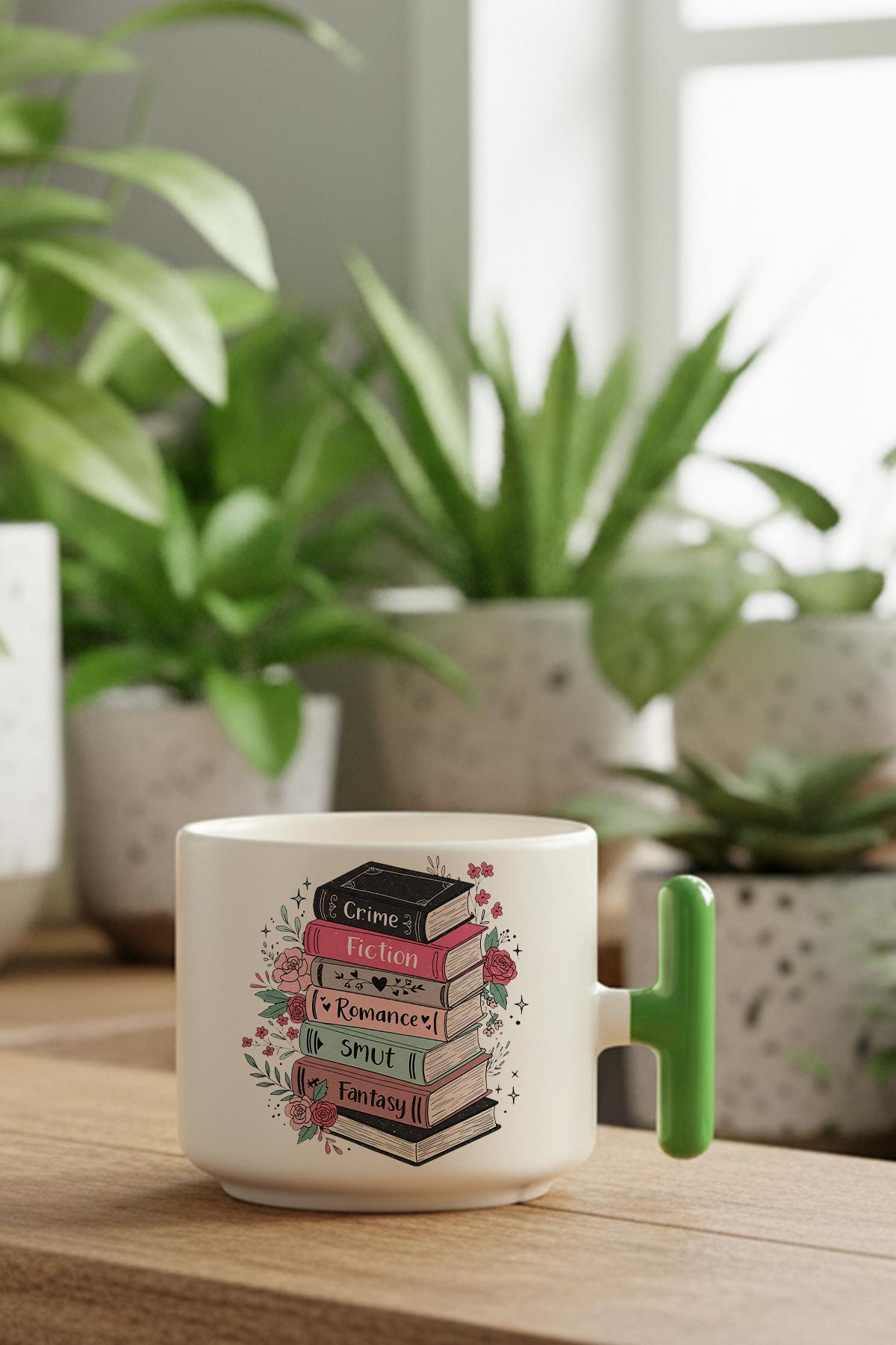 Renkli Kitaplar Baskılı Hediyelik T Kulplu Latte Fincanı Kupa Bardak