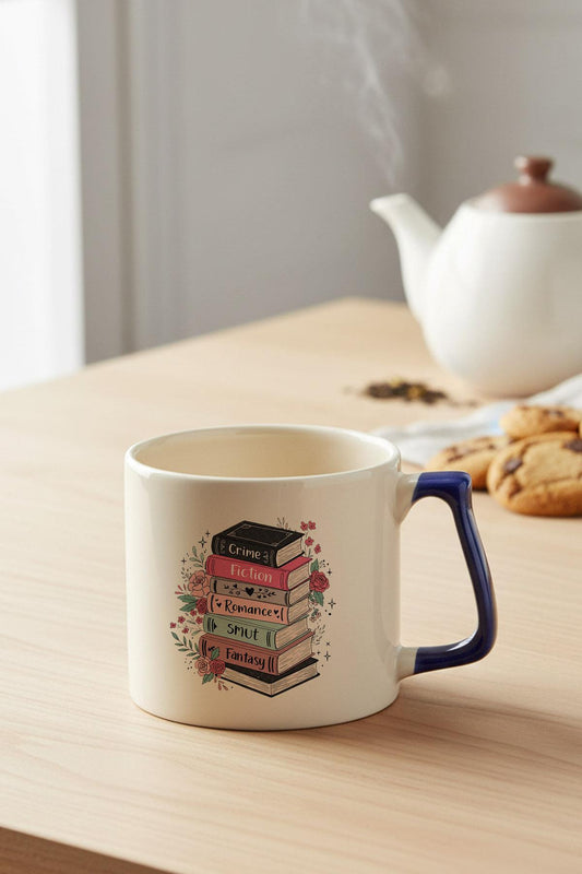 Renkli Kitaplar Baskılı Lacivert D Kulplu Kupa Bardak