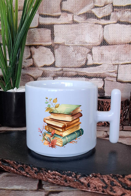 Renkli Kitaplar Baskılı T Kulplu Latte Fincanı Kupa Bardak