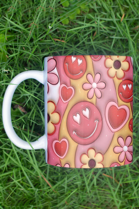 Retro Çiçek ve Emoji Temalı 3D Tasarım Görünümlü Baskılı Kupa Bardak Mug