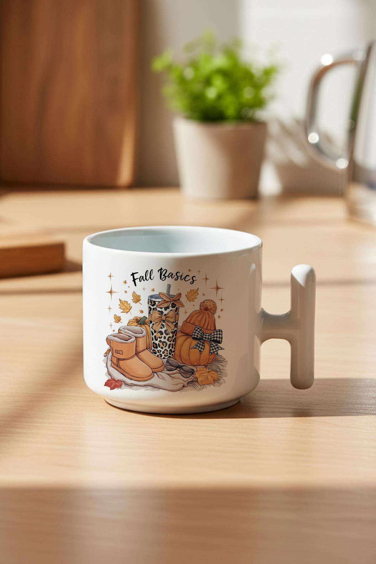 Retro Fall Basics Baskılı Hediyelik T Kulplu Latte Fincanı Kupa Bardak