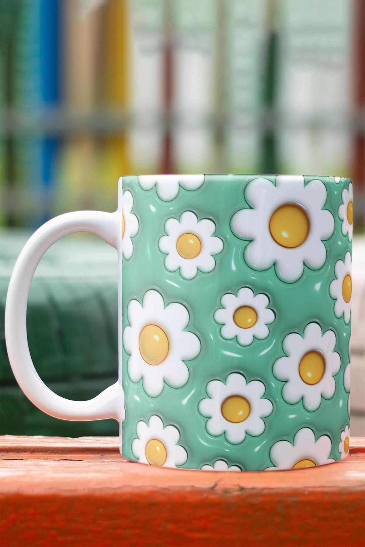 Retro Papatyalar 3D Tasarım Görünümlü Baskılı Kupa Bardak Mug