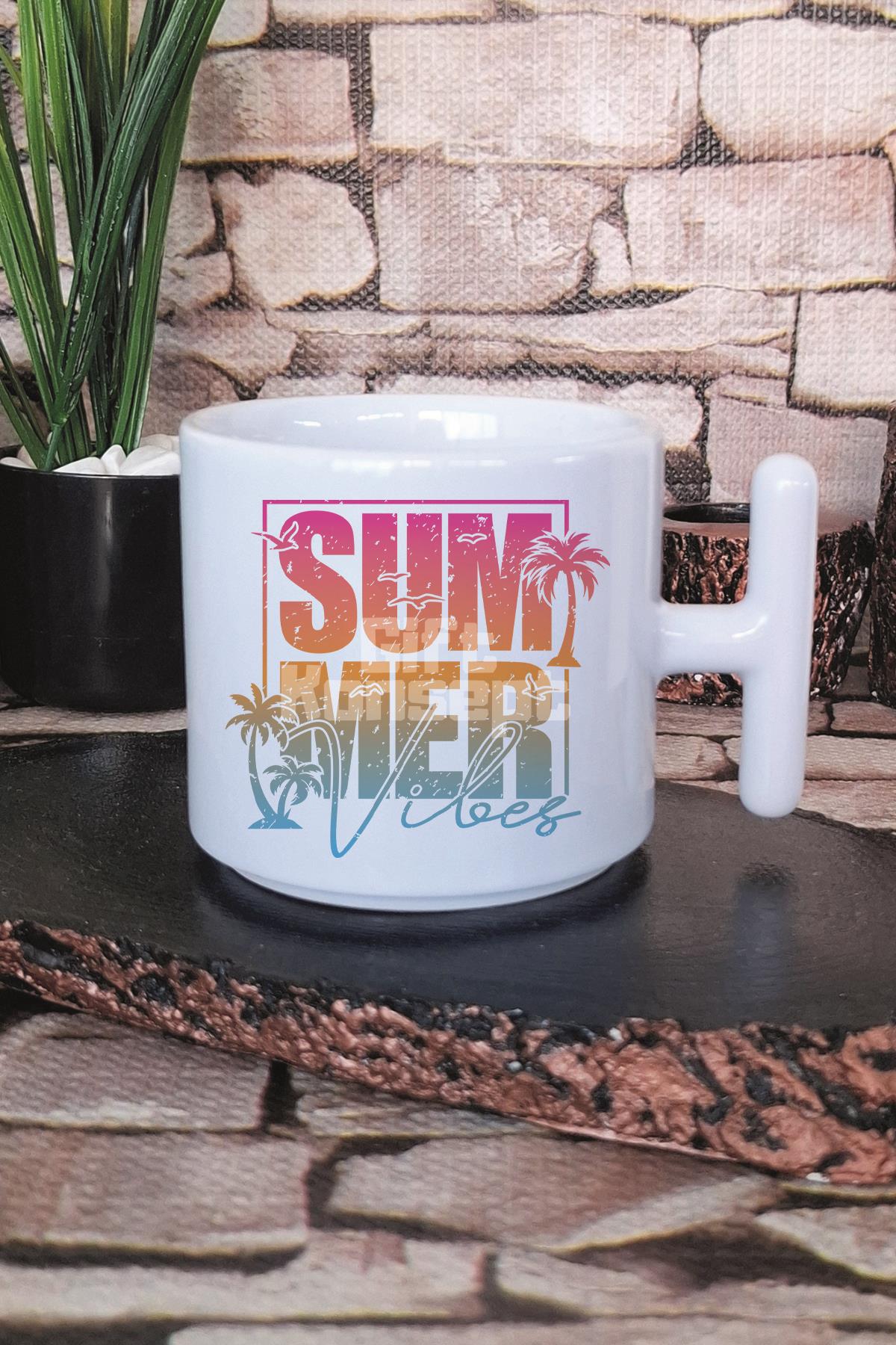 Retro Summer Vibes Palmiye Baskılı T Kulplu Latte Fincanı Kupa Bardak
