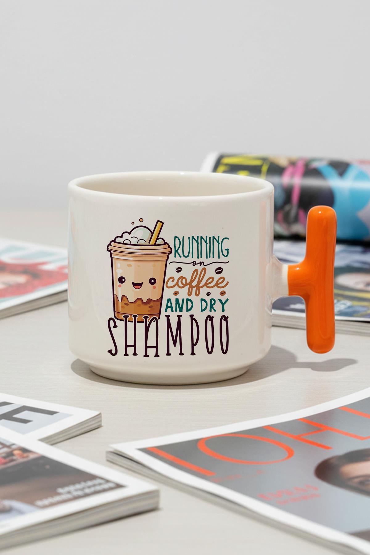 Running On Coffee Baskılı Hediyelik T Kulplu Latte Fincanı Kupa Bardak