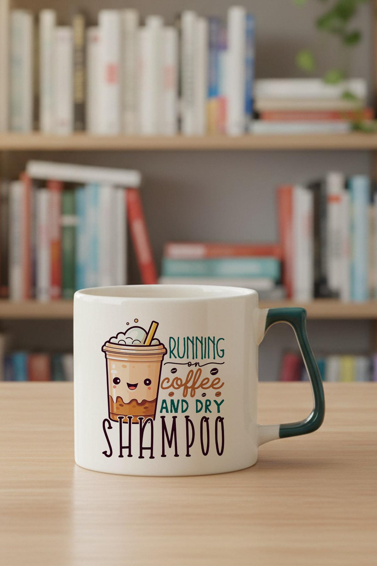 Running On Coffee Baskılı Yeşil D Kulplu Kupa Bardak