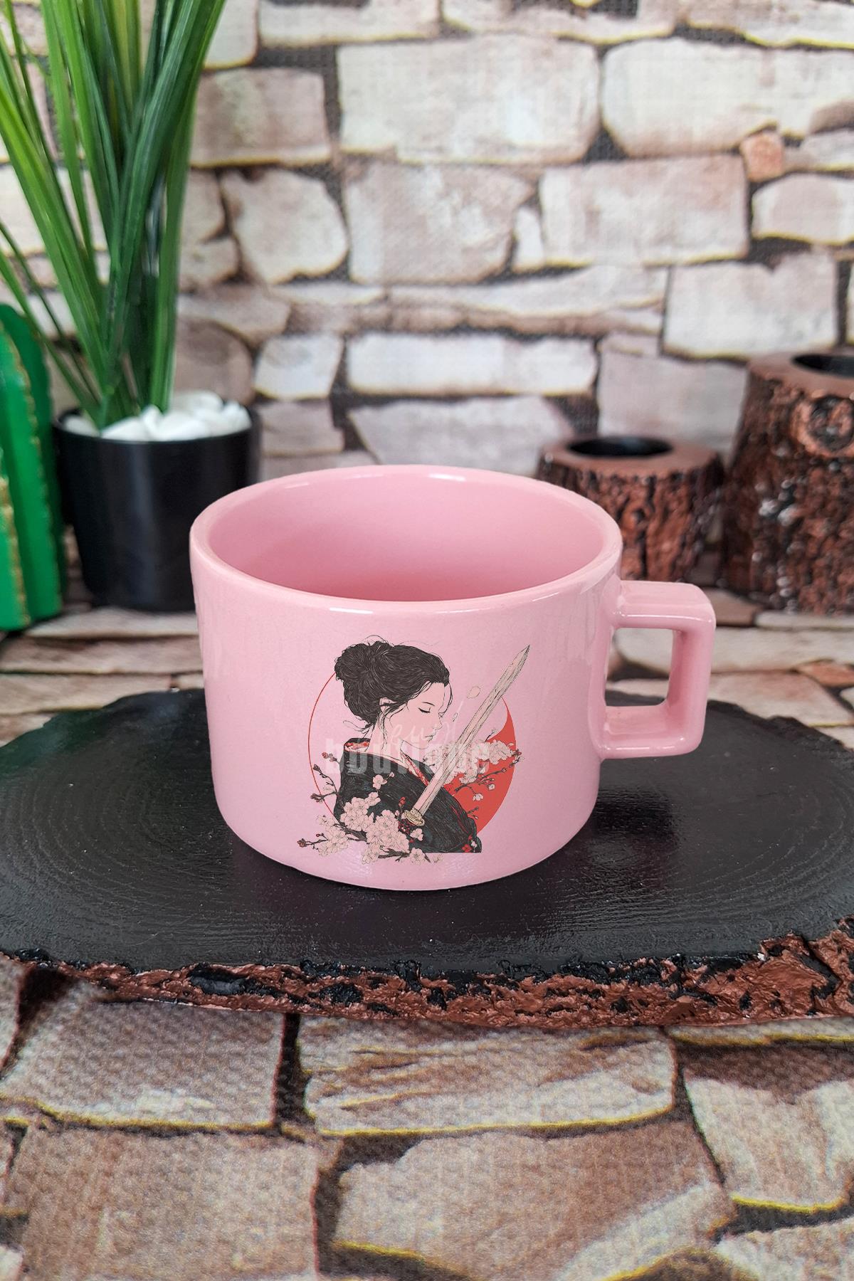 Samuray Kızı 2 Baskılı Anime Savaşçı Kız Japon Manga Kare Kulplu Fincan Mavi Kupa Bardak
