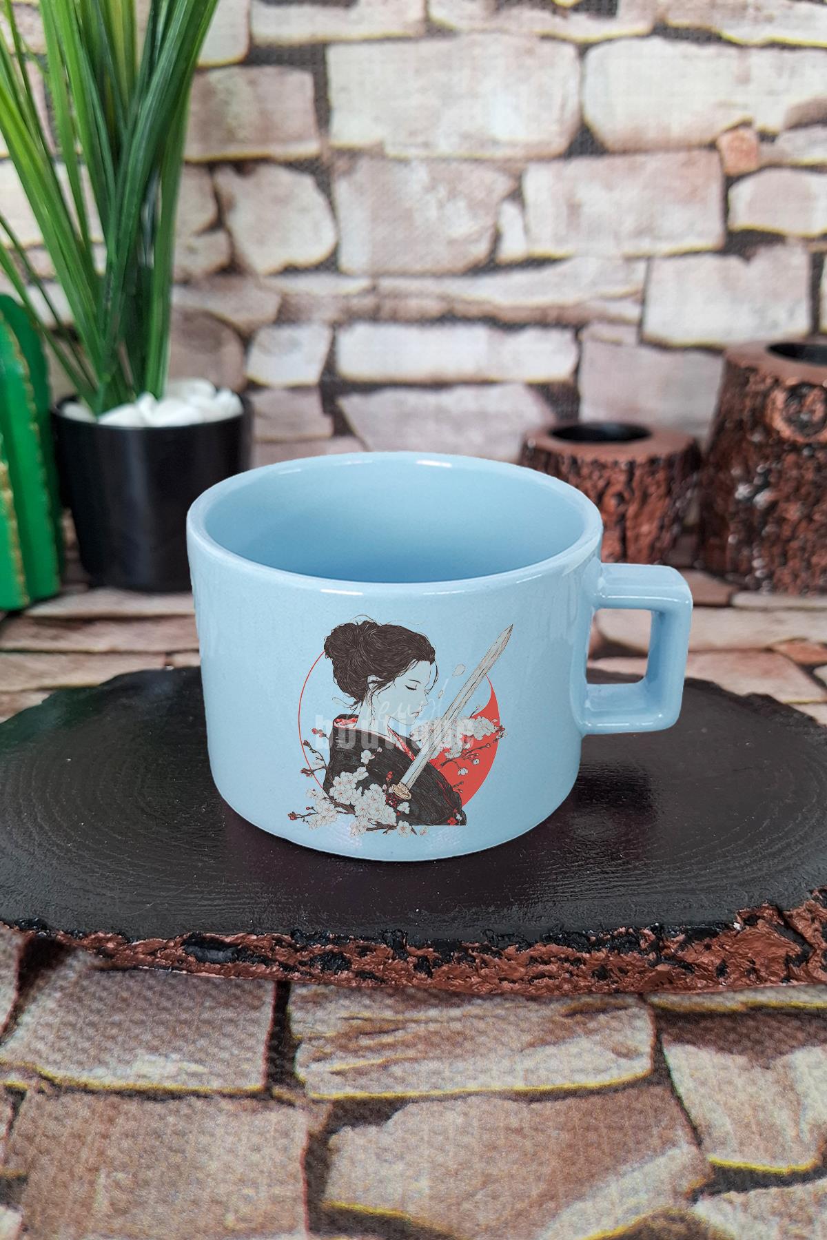 Samuray Kızı 2 Baskılı Anime Savaşçı Kız Japon Manga Kare Kulplu Fincan Mavi Kupa Bardak