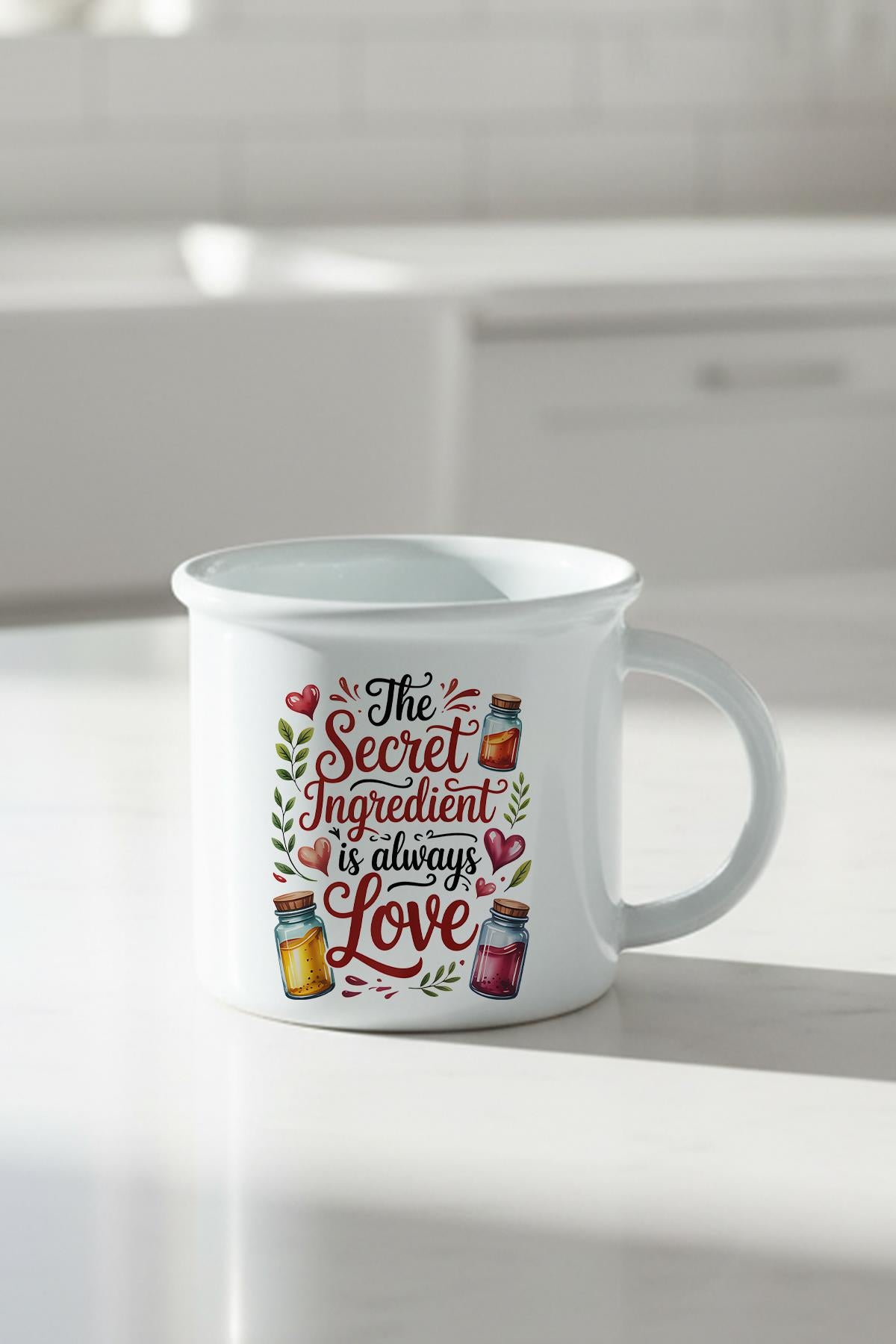 Secret Ingredians İs Love Baskılı Enamel Görünümlü Seramik Vintage Kupa Bardak