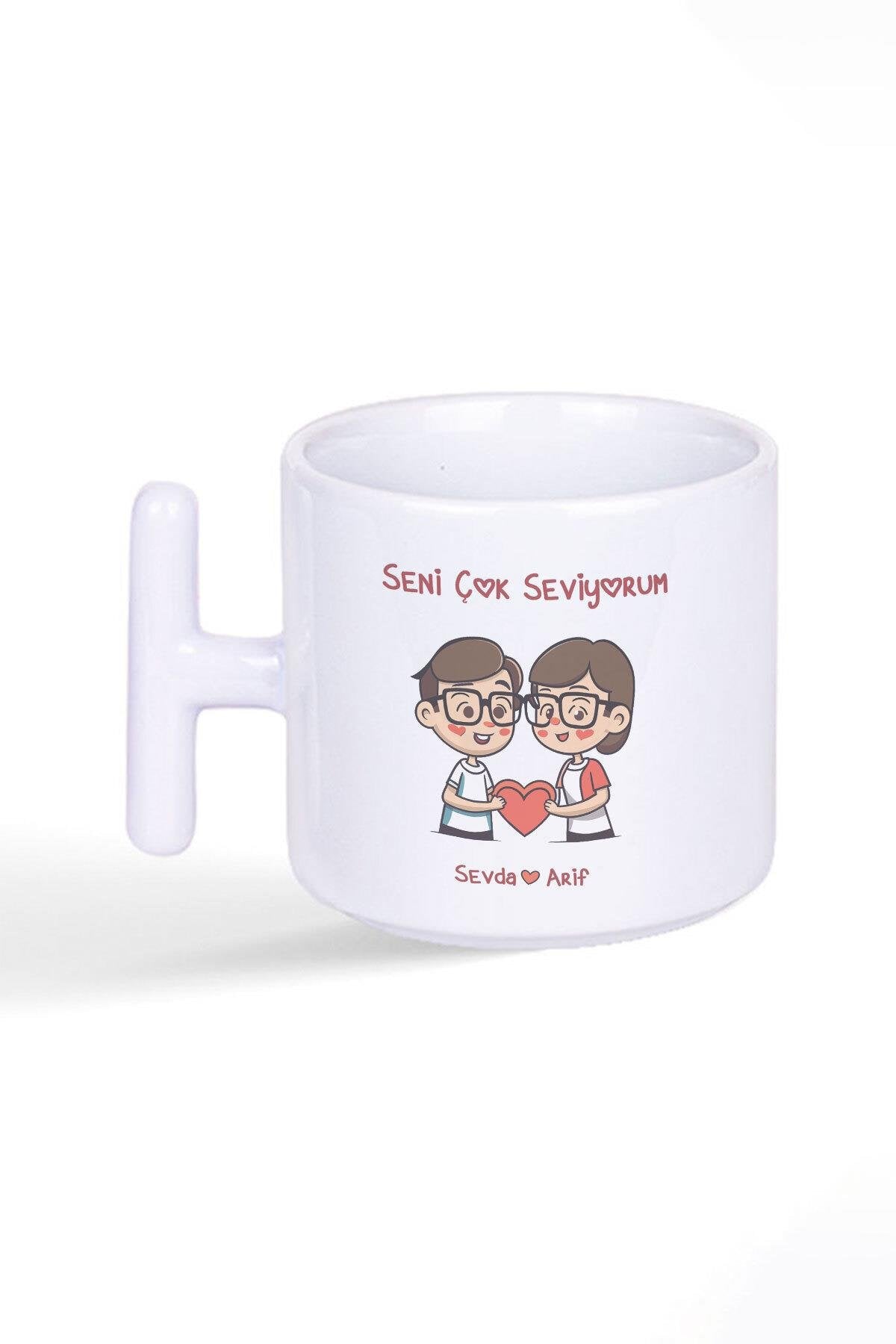 Seni Çok Seviyorum Sevgililer Günü Kişiselleştirilebilir Baskılı Latte Fincanı T Kulplu Kupa Bardak