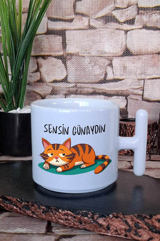 Sensin Günaydın Sevimli Kedi Baskılı Komik Hediye T Kulplu Latte Fincanı Kupa Bardak