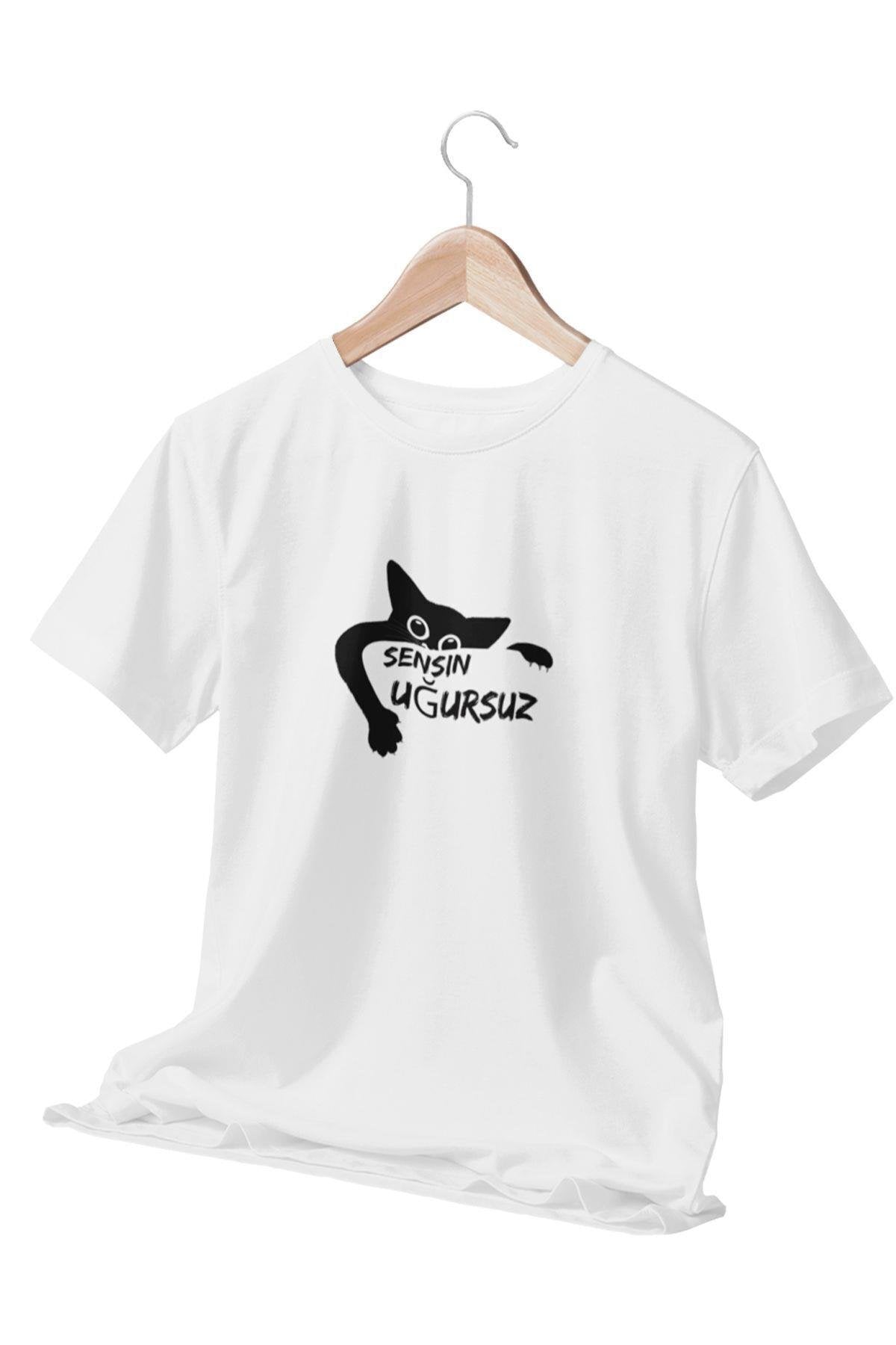 Sensin Uğursuz-Kara Kedi Baskılı Eğlenceli Komik Hediyelik Beyaz Unisex T-Shirt