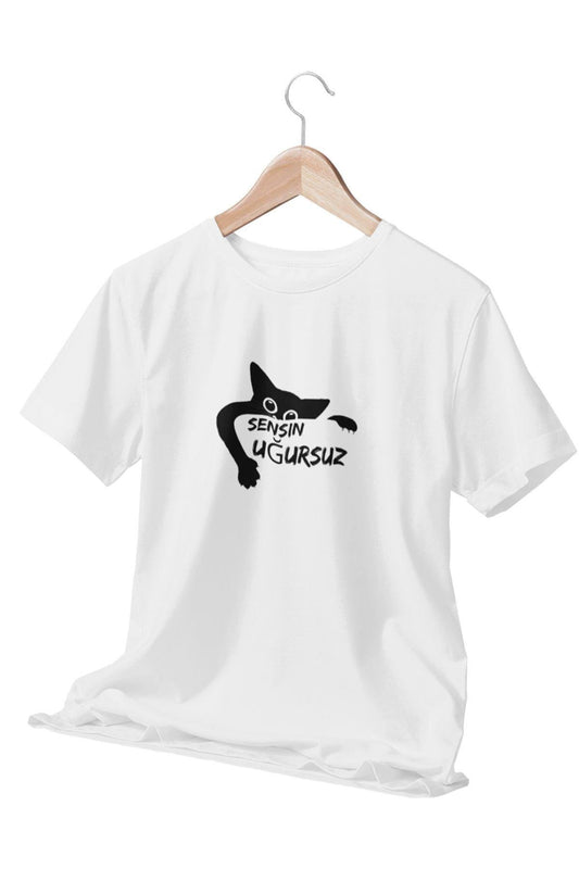 Sensin Uğursuz-Kara Kedi Baskılı Eğlenceli Komik Hediyelik Beyaz Unisex T-Shirt