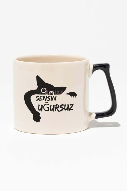 Sensin Uğursuz-Kara Kedi Eğlenceli Komik Hediyelik Beyaz Baskılı Siyah Kulplu Modern Seramik Kupa