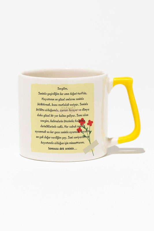 Sevgiliye,Eşe, Sevdiğine Mektup Romantik Hediyelik Baskılı Sarı Kulplu Modern Seramik Kupa