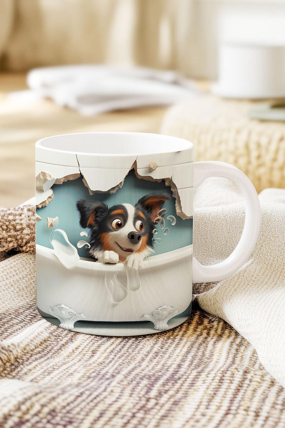 Sevimli Hayvanlar Çoban Köpeği 3D Tasarım Görünümlü Baskılı Kupa Bardak Mug