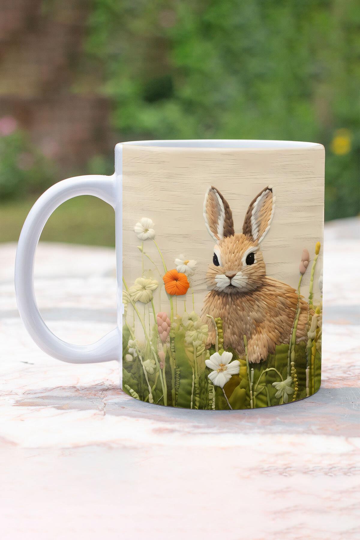 Sevimli Hayvanlar Tavşan No:1 3D Tasarım Görünümlü Baskılı Kupa Bardak Mug