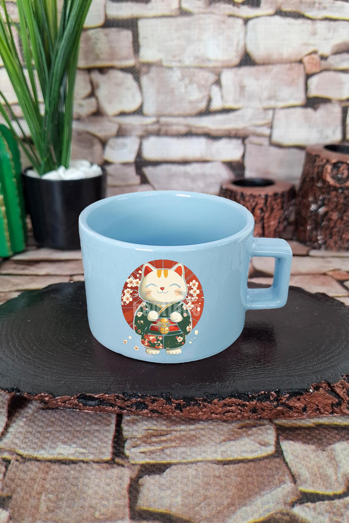 Sevimli Japon Kedi Baskılı Kawaii Anime Manga Figürü Kare Kulplu Fincan Mavi Kupa Bardak