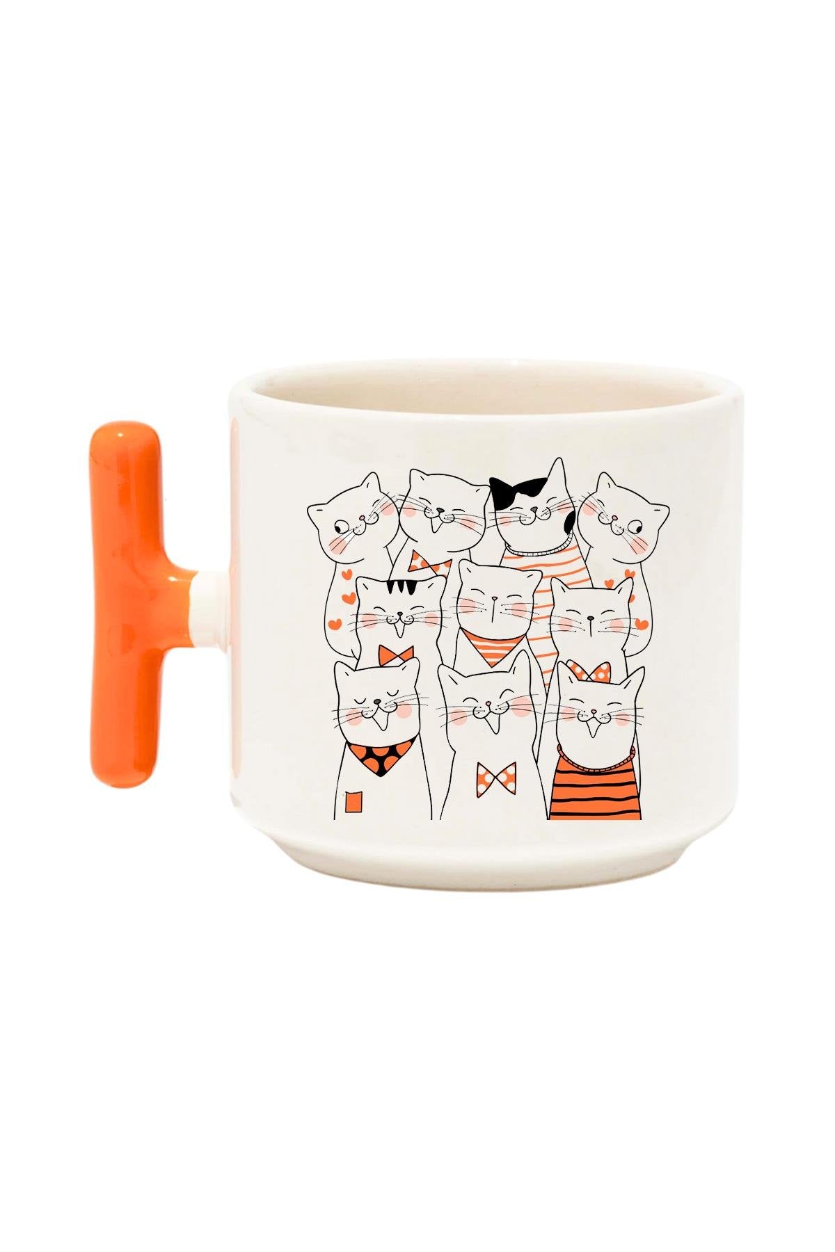 Sevimli Kedi Baskılı Renkli T Kulplu Hediyelik Latte Fincanı Kupa Bardak