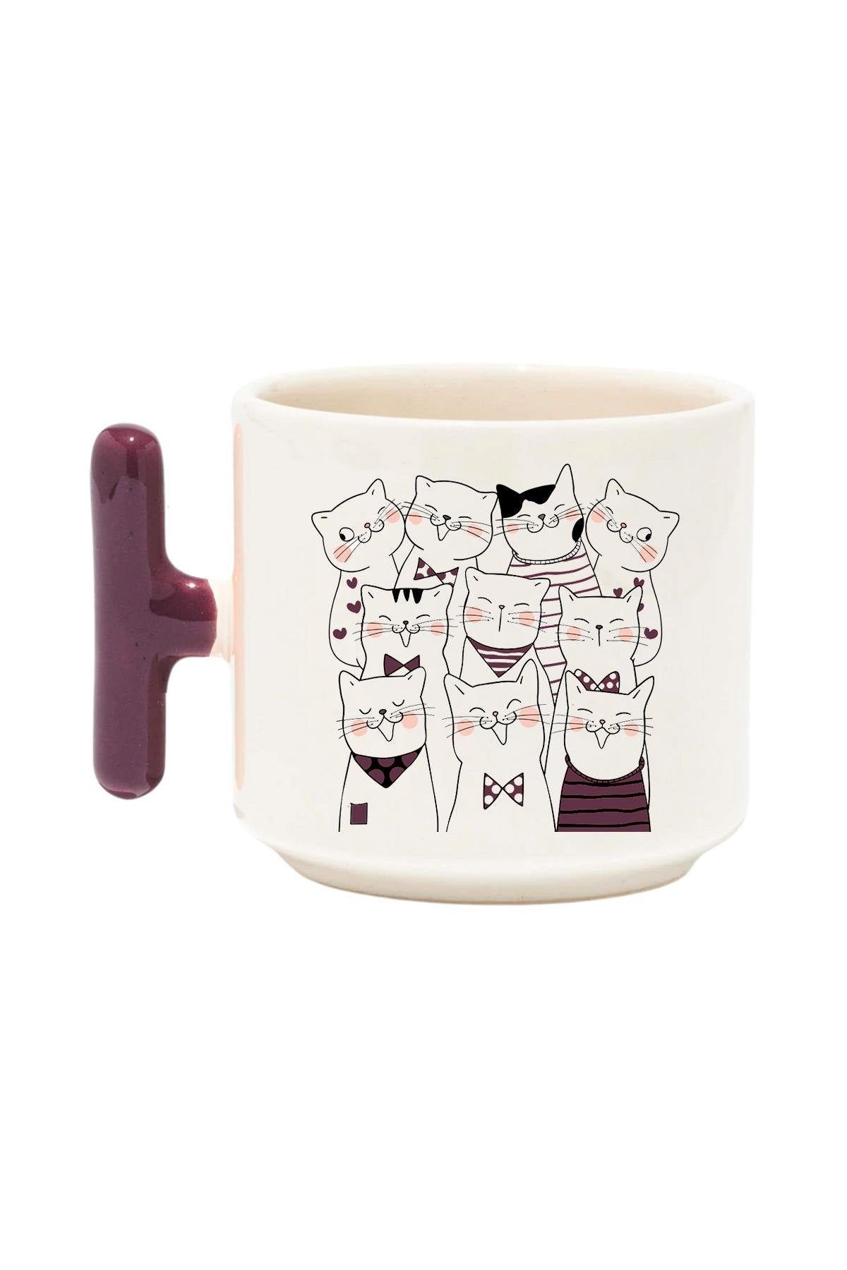 Sevimli Kedi Baskılı Renkli T Kulplu Hediyelik Latte Fincanı Kupa Bardak