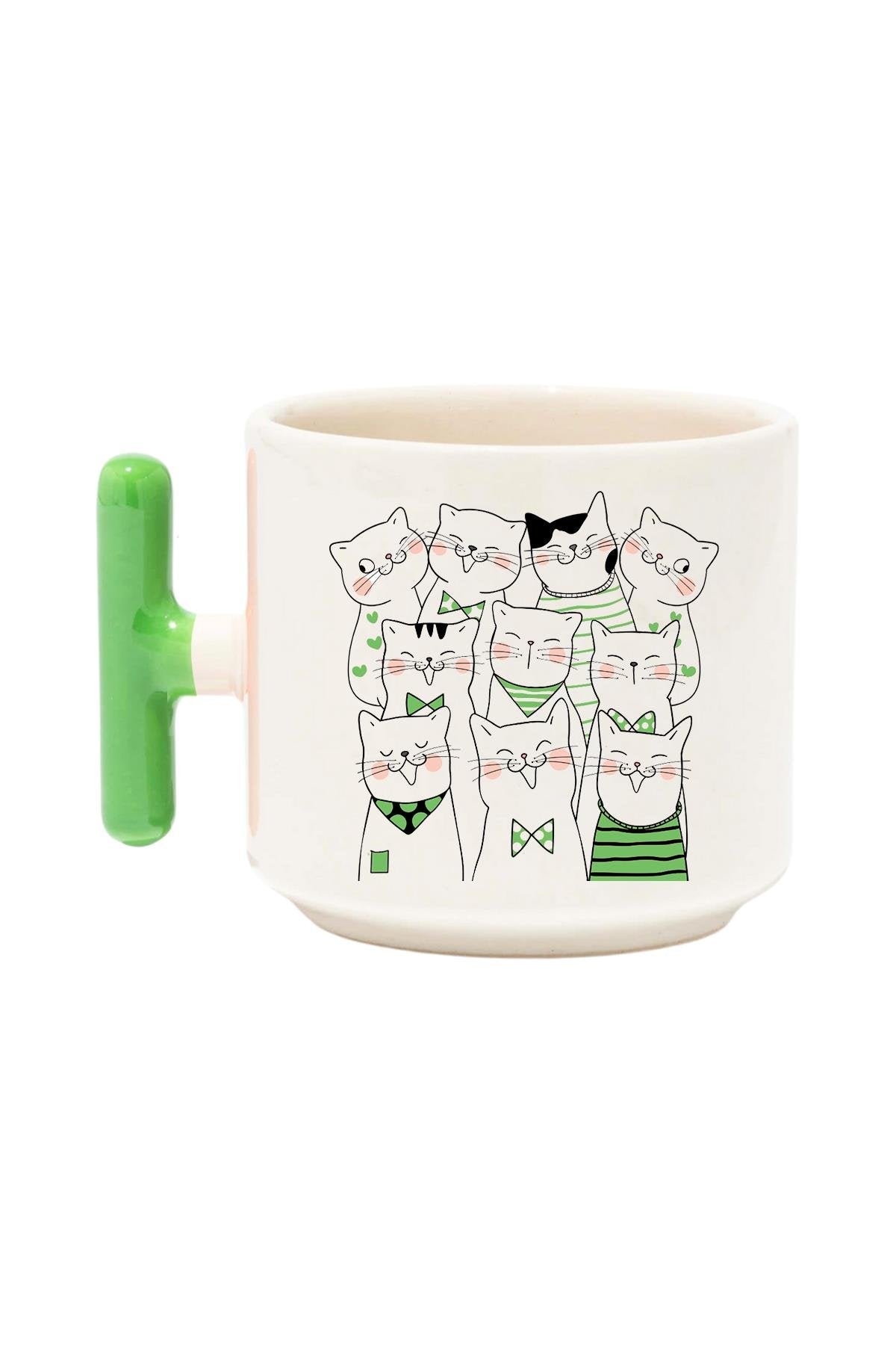 Sevimli Kedi Baskılı Renkli T Kulplu Hediyelik Latte Fincanı Kupa Bardak