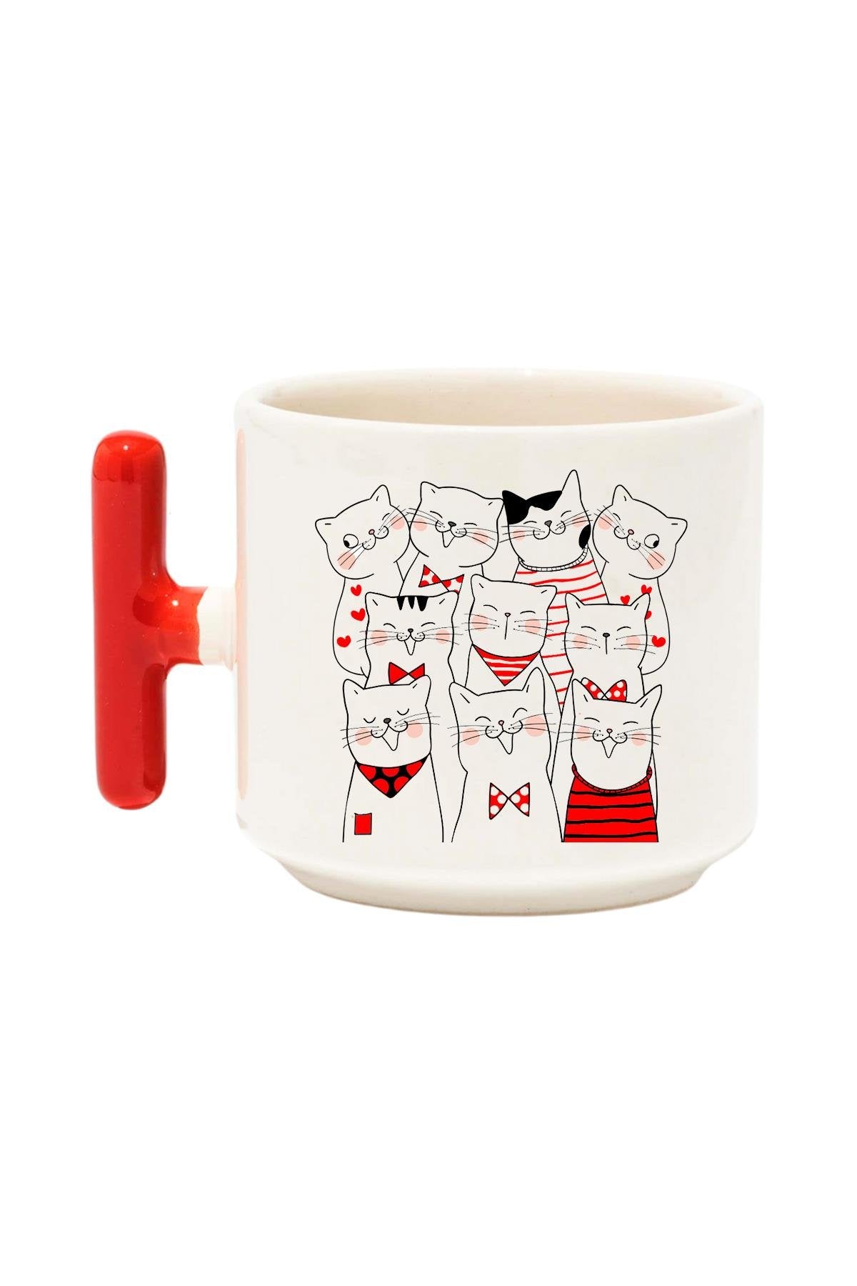 Sevimli Kedi Baskılı Renkli T Kulplu Hediyelik Latte Fincanı Kupa Bardak