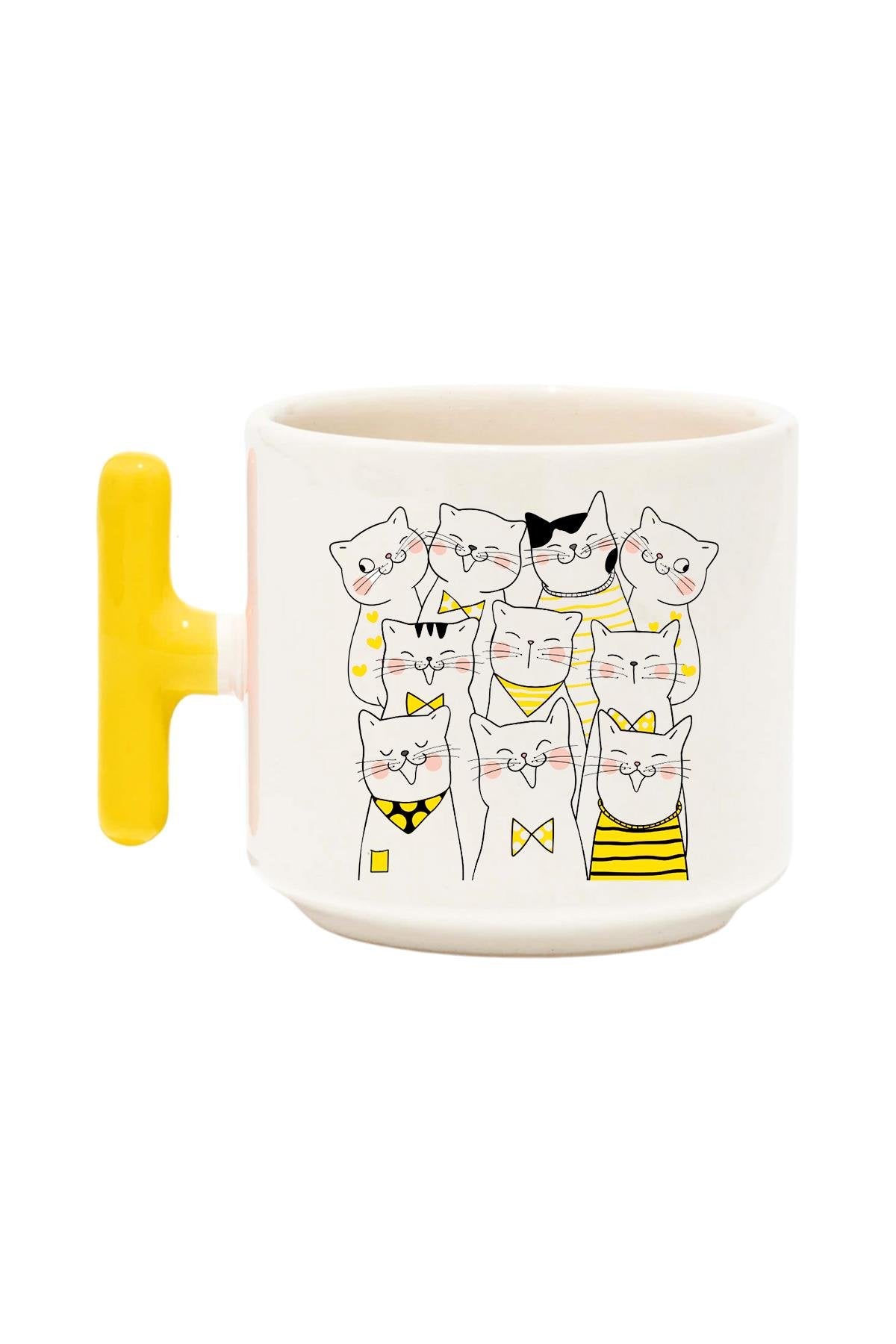 Sevimli Kedi Baskılı Renkli T Kulplu Hediyelik Latte Fincanı Kupa Bardak