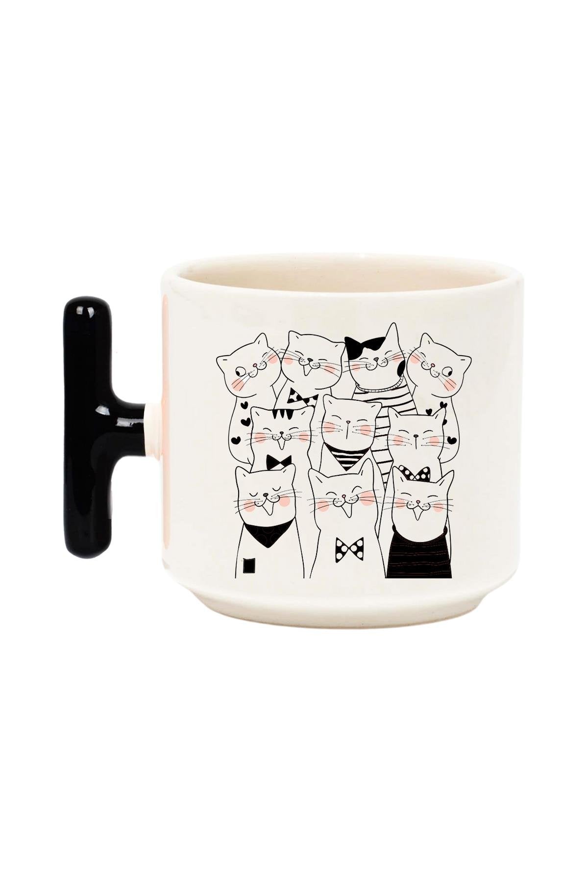 Sevimli Kedi Baskılı Renkli T Kulplu Hediyelik Latte Fincanı Kupa Bardak