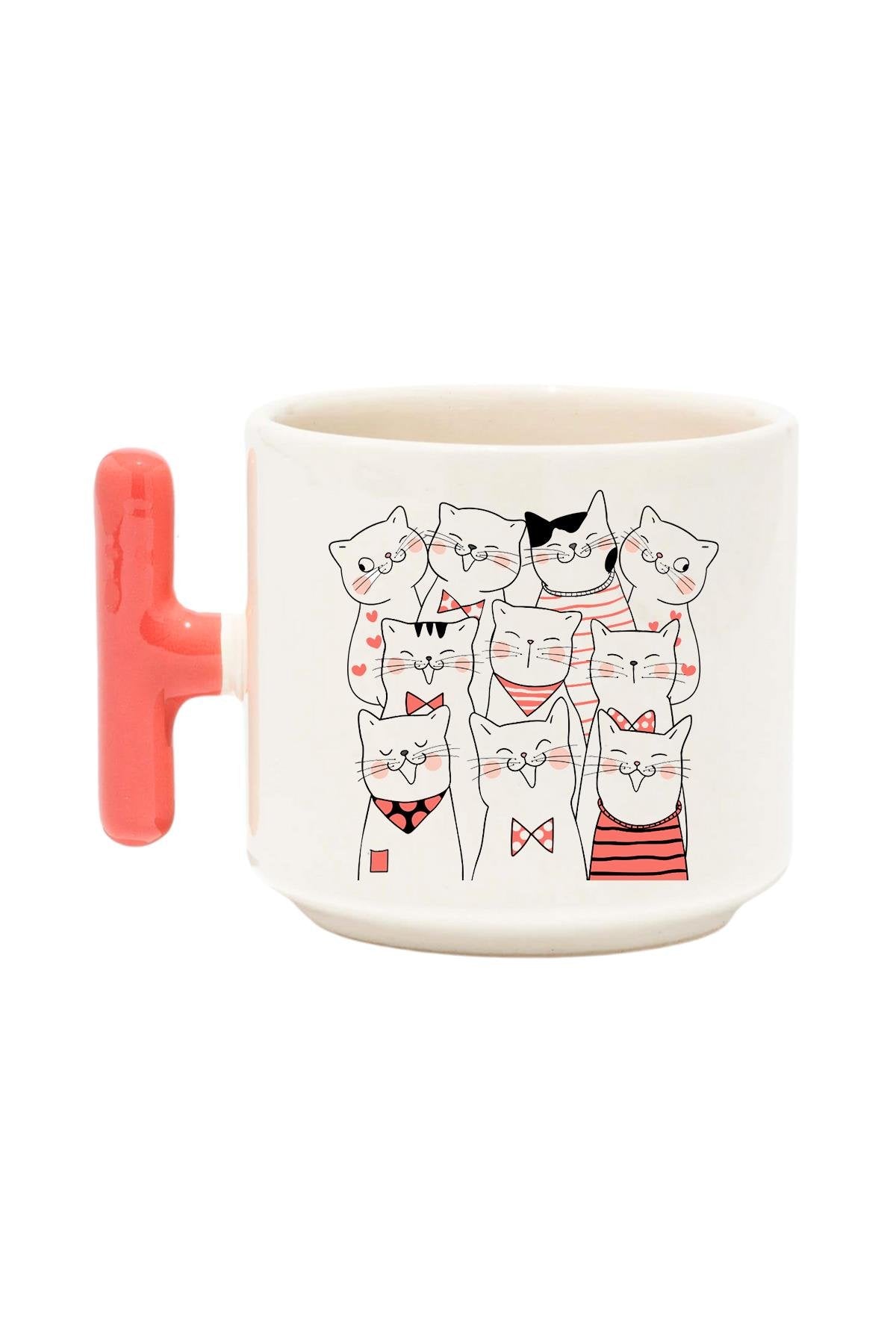 Sevimli Kedi Baskılı Renkli T Kulplu Hediyelik Latte Fincanı Kupa Bardak