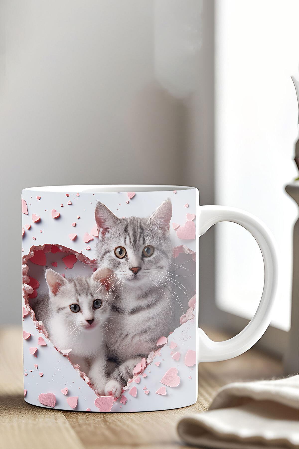 Sevimli Kedi Çifti Hediyelik 3D Tasarım Görünümlü Baskılı Kupa Bardak Mug