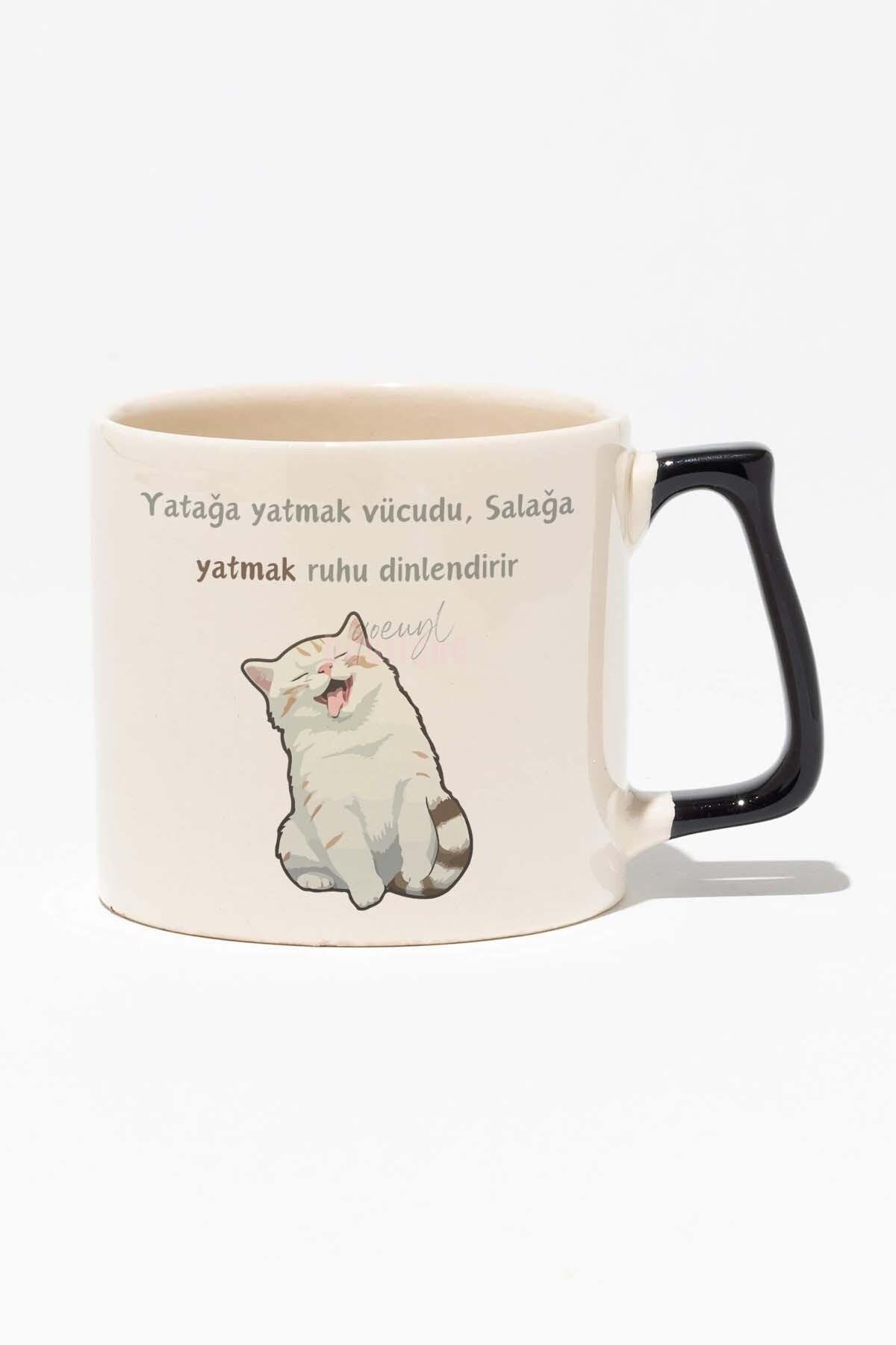 Sevimli Kedi Hediyelik Eğlenceli Sevimli Beyaz Baskılı Siyah Kulplu Modern Seramik Kupa