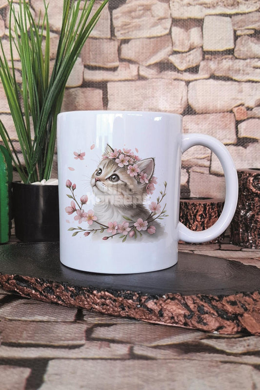 Sevimli Kedi Ve Çiçek Temalı No: 1 Hediyelik Baskılı Çay Kahve Sunum Kupa Bardak