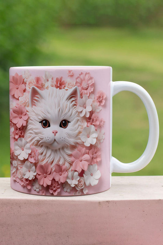Sevimli Kedi ve Çiçekler 3D Tasarım Görünümlü Baskılı Kupa Bardak Mug