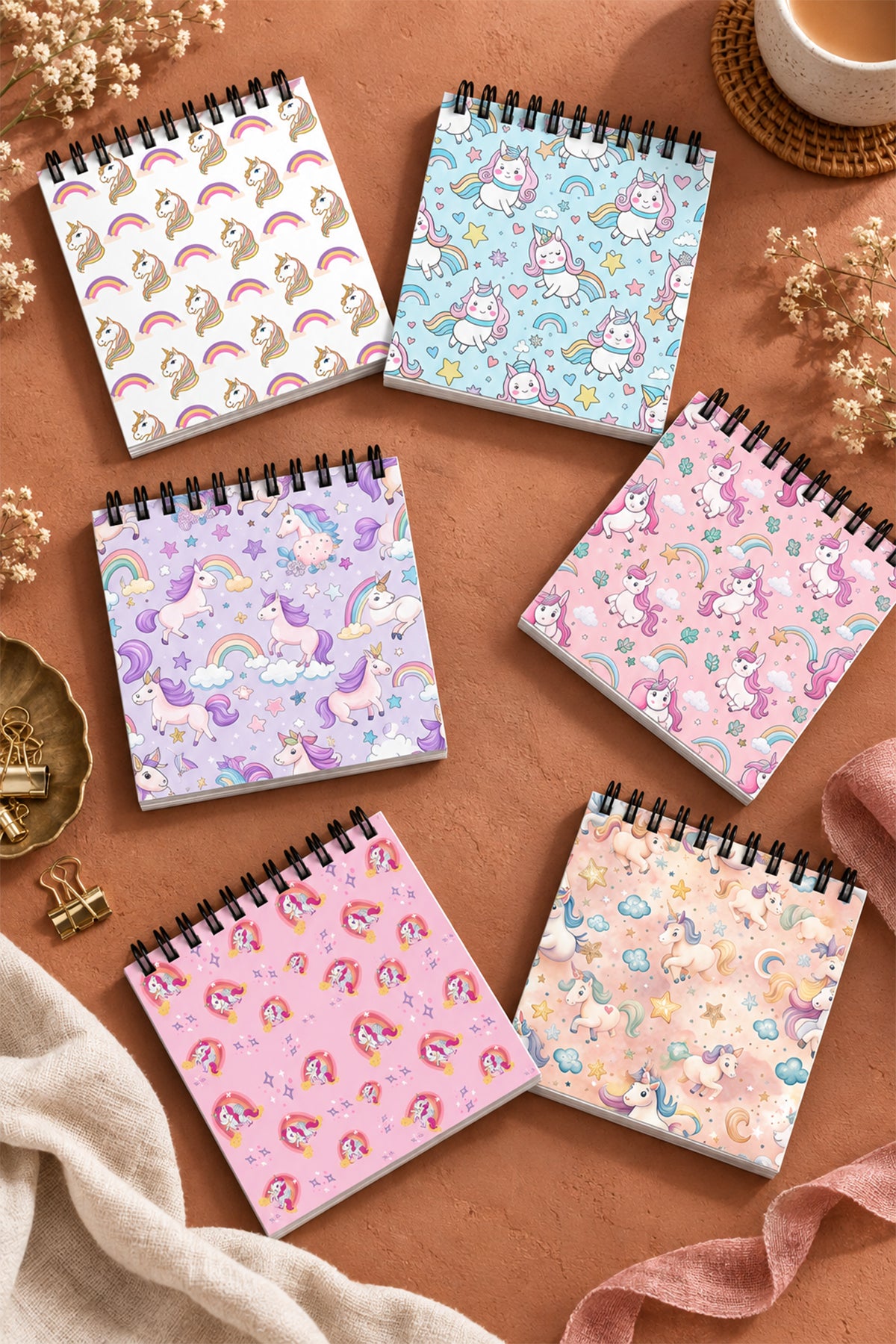 Pastel pembe lila mavi unicorn ve gokkusagi desenli mini spiral not defterleri