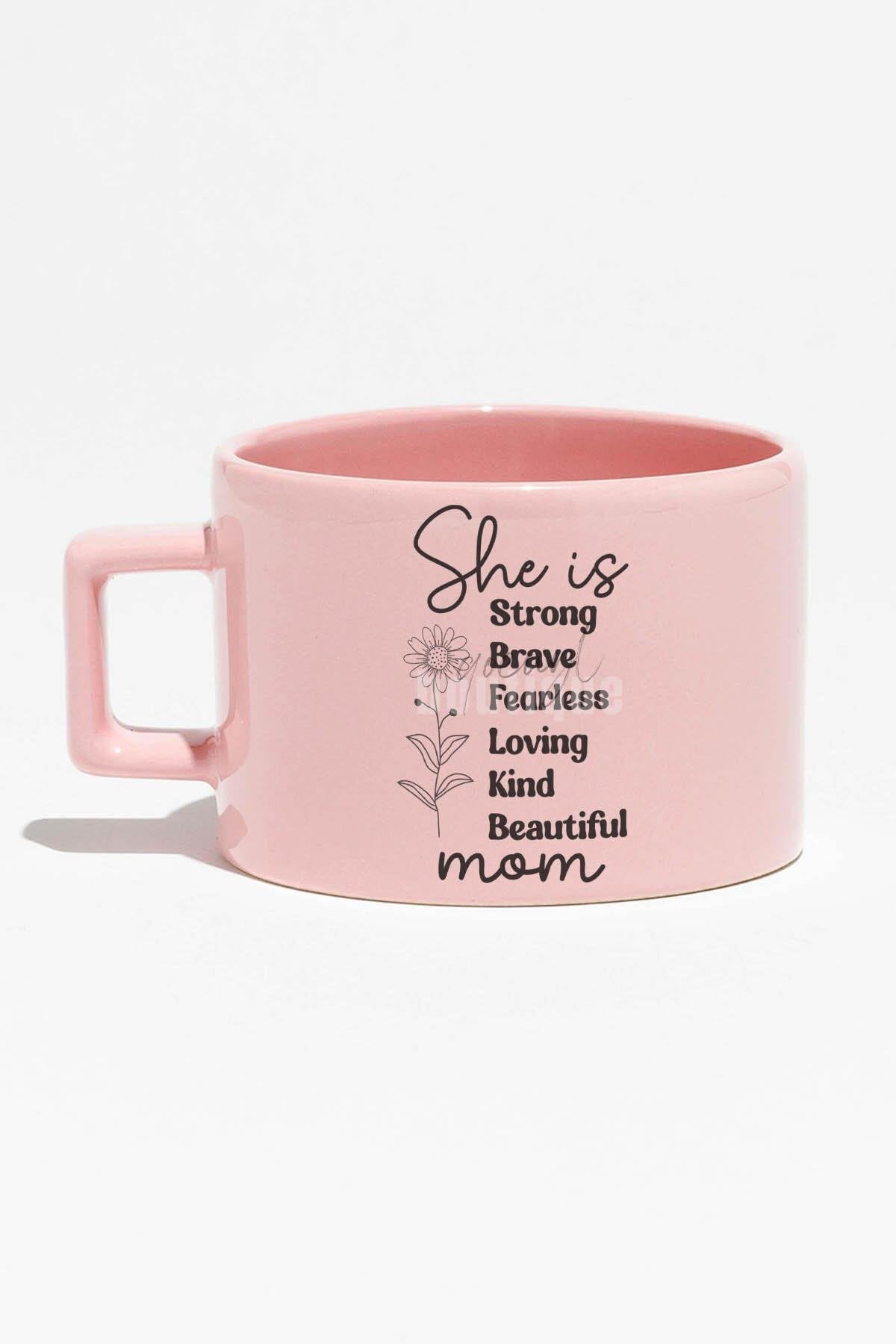 She Is Mom Baskılı Anneler Günü Hediyelik Mavi Dikdörtgen Kulplu Fincan Kupa Bardak