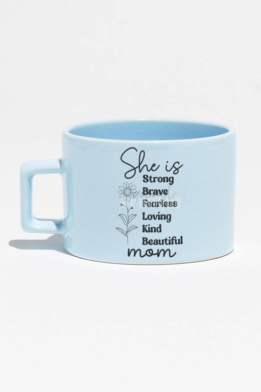 She Is Mom Baskılı Anneler Günü Hediyelik Mavi Dikdörtgen Kulplu Fincan Kupa Bardak