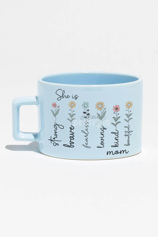She İs Strong Fearless No:3 Baskılı Anneler Günü Hediyelik Mavi Dikdörtgen Kulp Fincan Kupa Bardak
