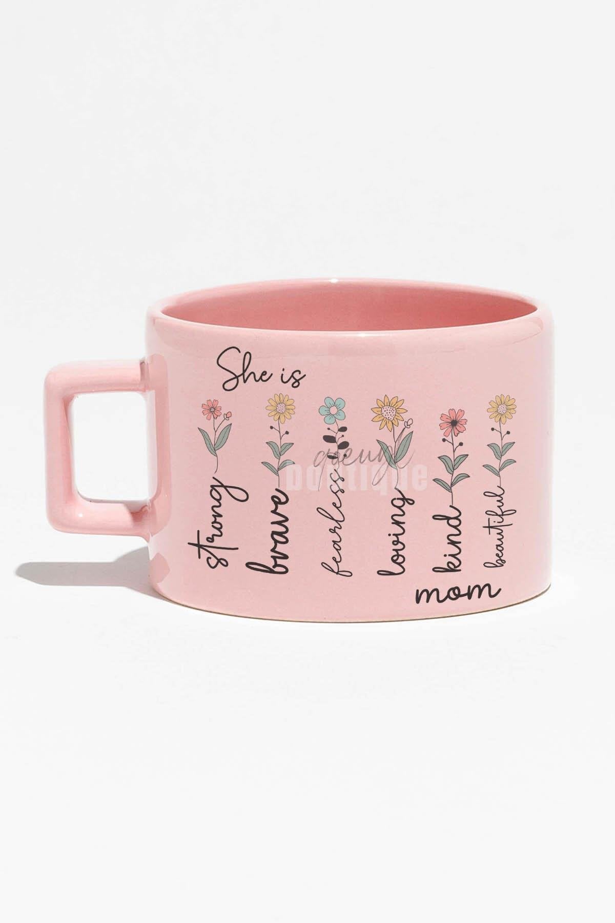 She İs Strong Fearless No:3 Baskılı Anneler Günü Hediyelik Mavi Dikdörtgen Kulp Fincan Kupa Bardak