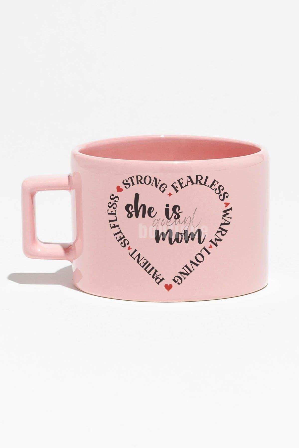 She Is Strong Loving Mom Baskılı Anneler Günü Hediyelik Mavi Dikdörtgen Kulp Fincan Kupa Bardak