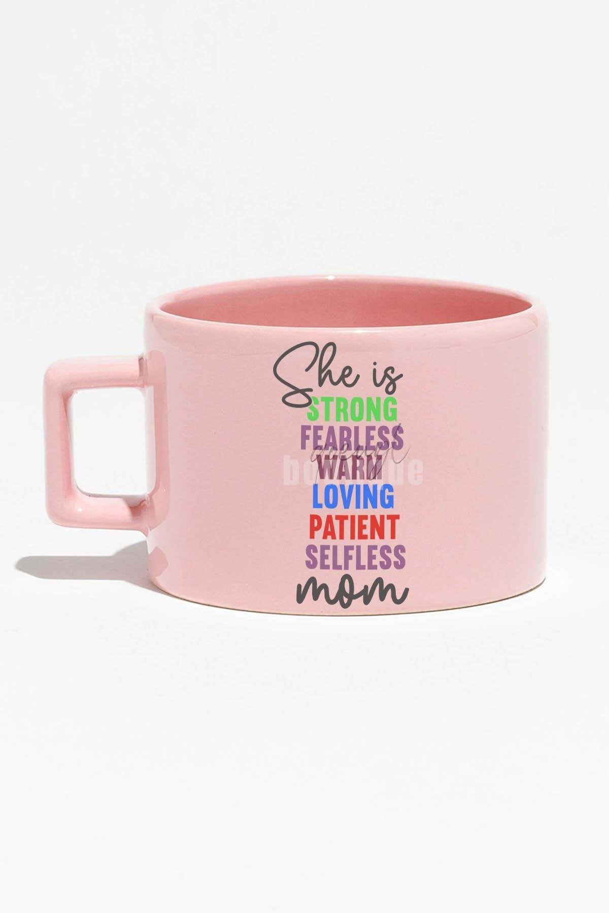 She Is Strong Mom No:2 Baskılı Anneler Günü Hediyelik Mavi Dikdörtgen Kulplu Fincan Kupa Bardak