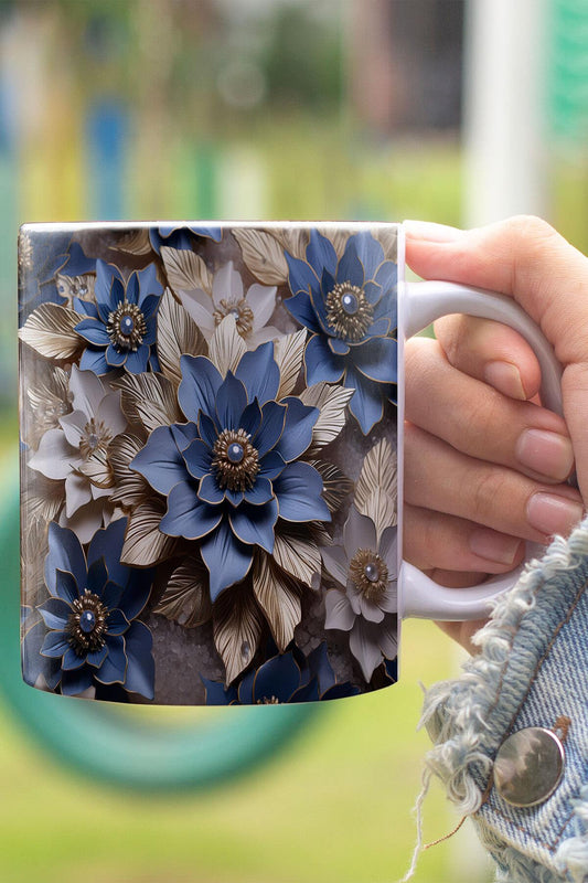 Silver Gold Mavi Çiçekler 3D Tasarım Görünümlü Baskılı Kupa Bardak Mug