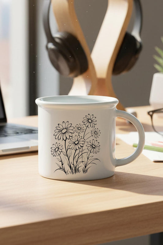 Siyah Çiçekler Baskılı Enamel Görünümlü Seramik Vintage Kupa Bardak