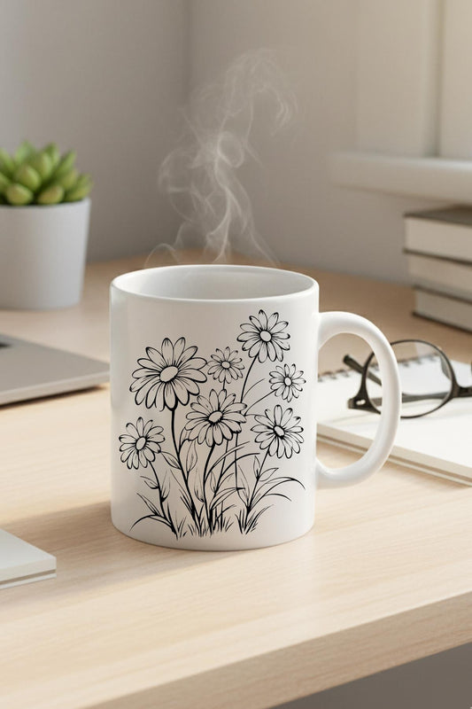 Siyah Çiçekler Baskılı Hediyelik Kupa Bardak