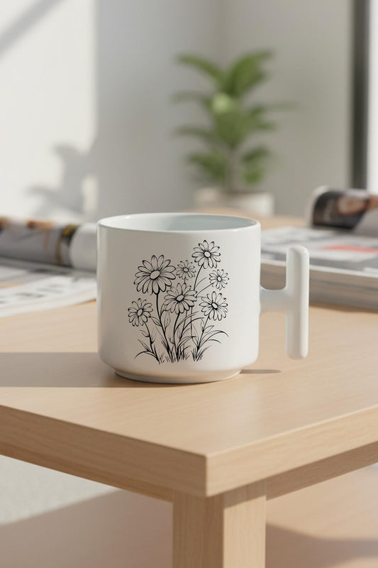 Siyah Çiçekler Baskılı Hediyelik T Kulplu Latte Fincanı Kupa Bardak